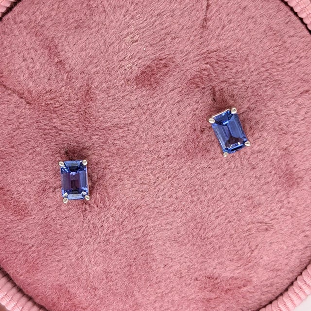 Tanzanite Earring Studs in 14K Solid White, Yellow or Rose Gold | Emerald Cut, a Pair For Sale In Columbus - Image 6 of 6