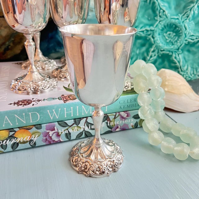 Hollywood Regency Vintage Reed & Barton "Burgundy" Silverplated Goblets - Set of 7 For Sale - Image 3 of 15
