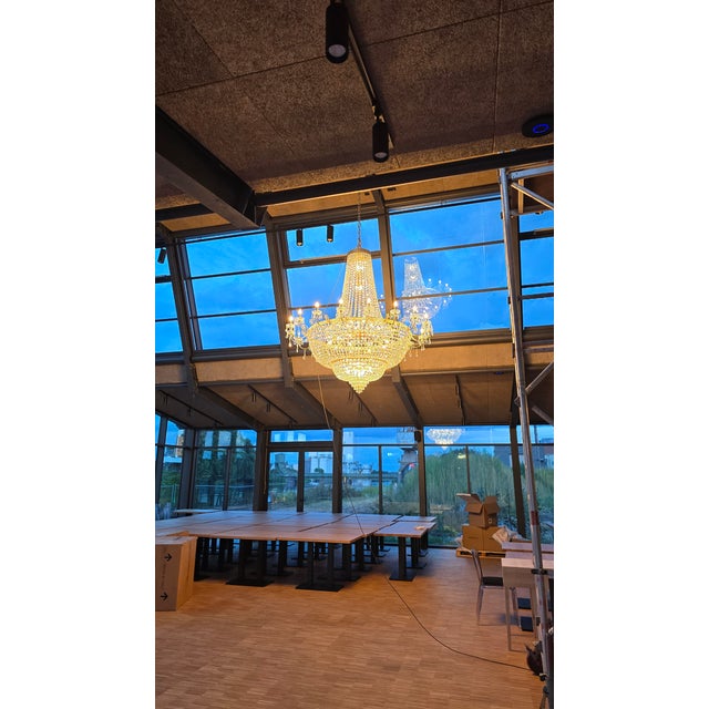 Large Custom Made Empire Style Lead Crystal Basket Chandelier, 48 Lights This impressive large scale crystal chandelier is...