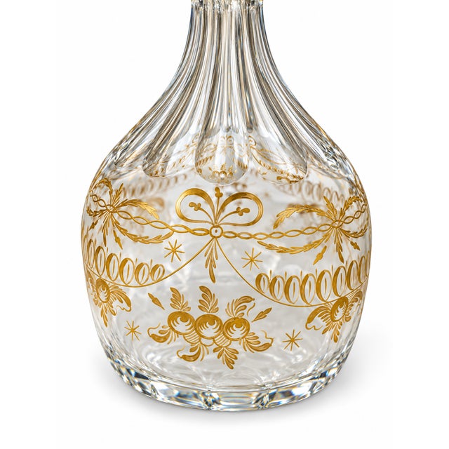 Pair of Hand-Painted Crystal Decanters With Faceted Stoppers For Sale - Image 4 of 5