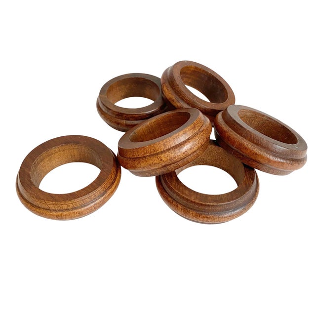 Vintage Mid-Century Modern Teak Wood Napkin Rings – Set of 6, Boho Natural Wood For Sale - Image 4 of 4