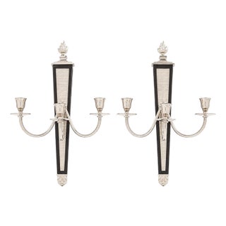 Pair of Mid 20th Century American Nickel & Wood Three-Light Sconces For Sale