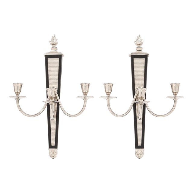 Pair of Mid 20th Century American Nickel & Wood Three-Light Sconces For Sale
