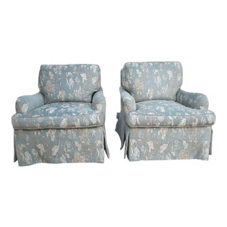 Custom Blue Chenille Jacquard Club Chairs - a Pair For Sale