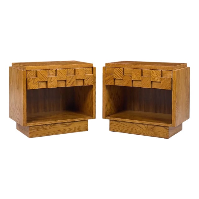 Lane Staccato Brutalist Mid Century Oak Nightstands - Pair For Sale