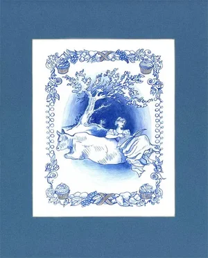Folk Victorian, Whimsical Original Drawing, Matted Painting, Blue and White, Picnic in the Country 2 by Kathleen Ney
