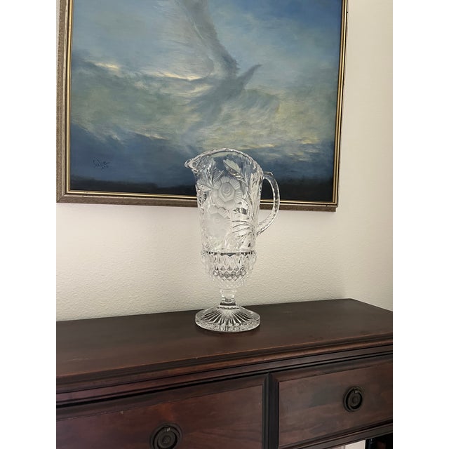 Traditional Vintage European Lead Crystal Pedestal Pitcher/Vase, With Frosted Floral Medallions. For Sale - Image 3 of 5