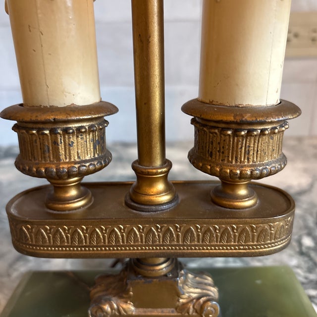 French 1930s Green Onyx & Brass Bouillotte Lamp For Sale - Image 3 of 12