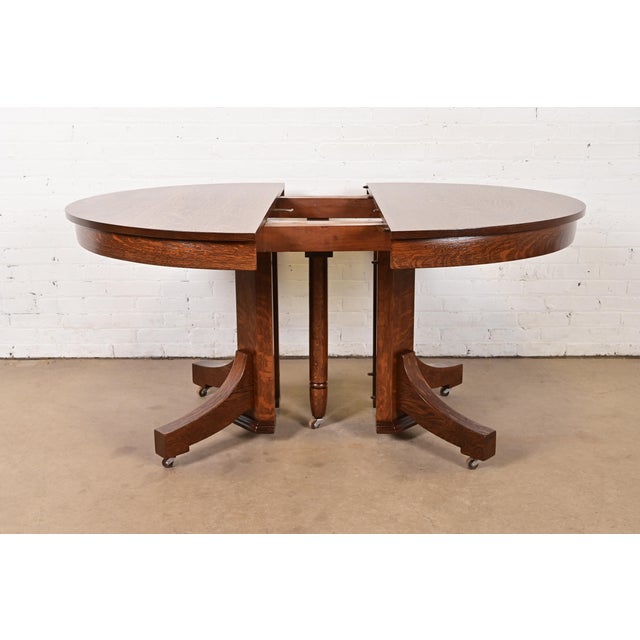 Wood Stickley Brothers Style Antique Mission Oak Arts & Crafts Pedestal Extension Dining Table, Newly Refinished For Sale - Image 7 of 13