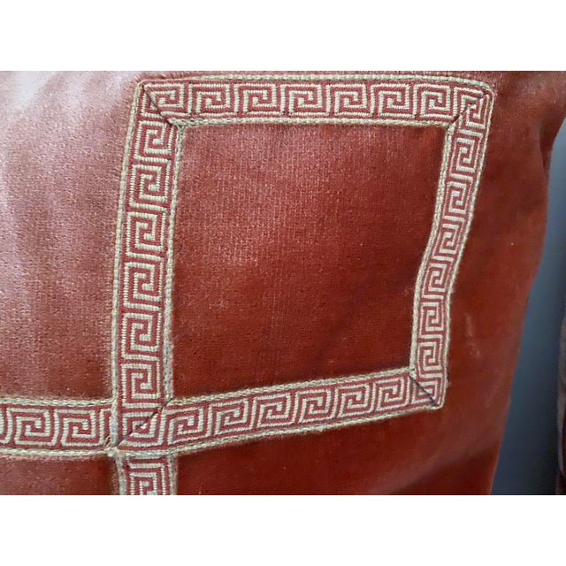 Neoclassical Pair of Clarence House Terracotta Silk Velvet 18" Down Cushions Greek Key Trim For Sale - Image 3 of 4