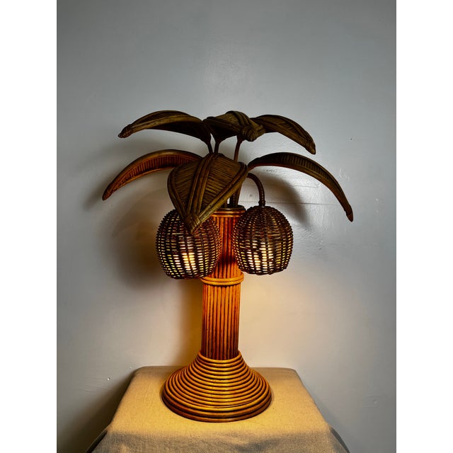 Wood Vintage Rattan Palm Tree Coconut Lamp For Sale - Image 7 of 12