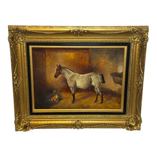 Victorian Horse Painting British Sporting Oil on Canvas With Roan Horse With Terrier in Stable Circle of Edwin Frederick Holt, English Equestrian Art For Sale
