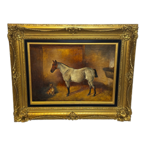 Victorian Horse Painting British Sporting Oil on Canvas With Roan Horse With Terrier in Stable Circle of Edwin Frederick Holt, English Equestrian Art