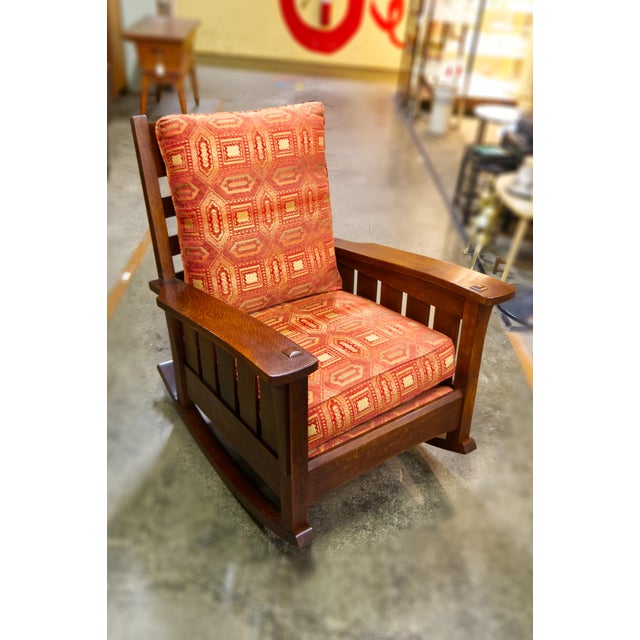 Arts & Crafts Style Stickley Bow Arm Oak Rocker With Loose Cushions For Sale - Image 10 of 12