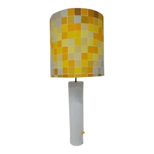 Mid Century Modern Italian White Metal Table Lamp With Cube Patterned Shade