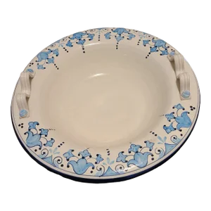 Large Late 20th Century Hand Painted Pottery Blue & White Center Piece Bowl Made in Italy