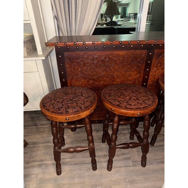 Hand-Tooled Western / Spanish Colonial Style Leather Bar With Matching Barstools- 4 Pieces For Sale - Image 4 of 10