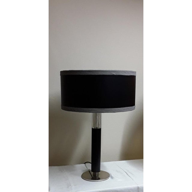Vintage Table Lamp with Chrome-Plated Metal Foot & Glass Insert and with Black Synthetic Leather Covered Column and...