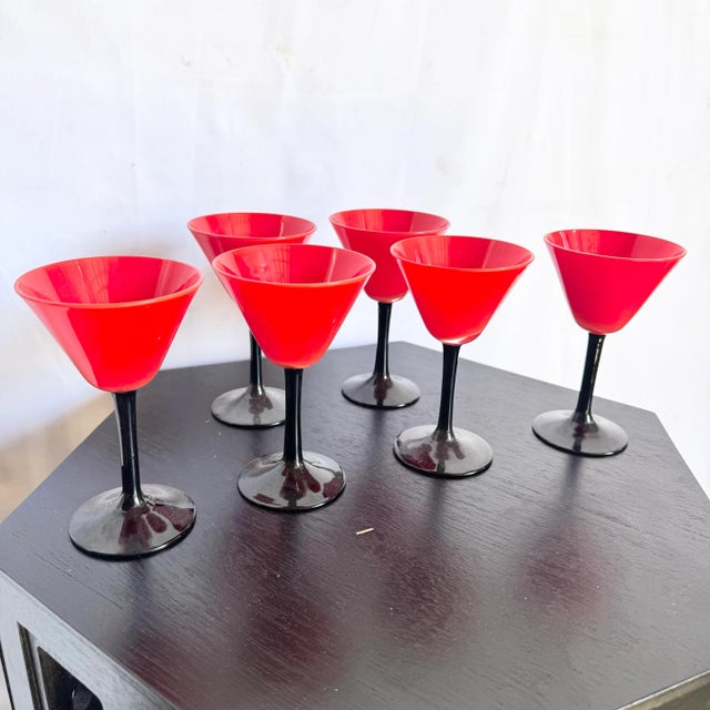 Art Deco Red Cup and Black Stem Glasses - 6 Pieces For Sale In Miami - Image 6 of 6