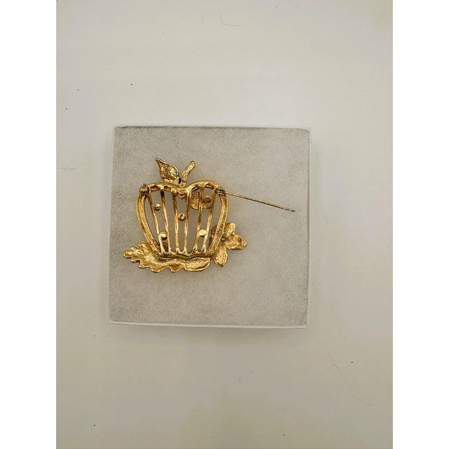 Gold Vintage Enamel Apple Acorn and Oak Leaf Rhinestone Brooch For Sale - Image 8 of 9