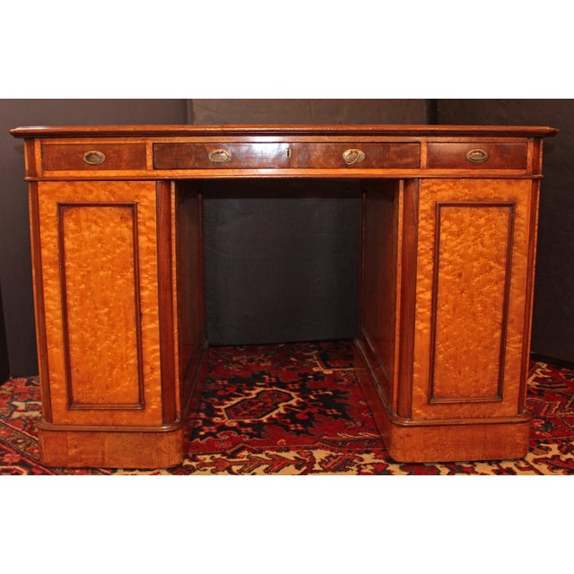 Circa 1860 English double pedestal collector's chest desk. Bird's eye maple & figured walnut with harewood. Possibly...