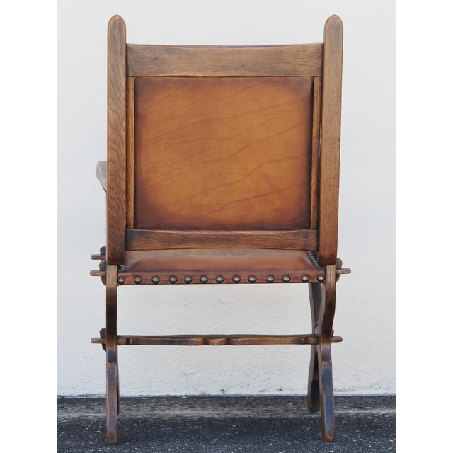 Early 20th Century English Gothic Arts & Crafts Wood and Leather Arm Chair For Sale - Image 4 of 12