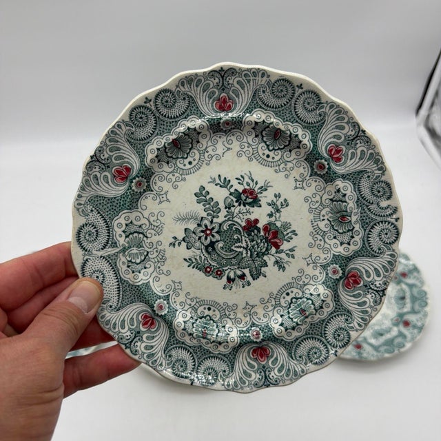 Set of 6 Antique English Adams Green & Red Transferware "Jacobean" Plates For Sale - Image 6 of 12
