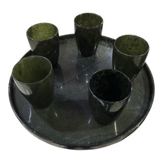 Vintage Set of Four Translucent Spinach Jade Cups and Tray For Sale