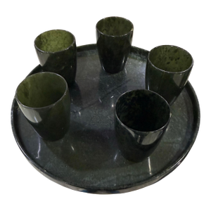 Vintage Set of Four Translucent Spinach Jade Cups and Tray