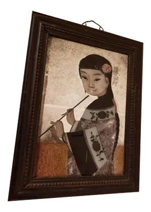 Chinese Export Reverse Painted Mirror Portrait of a Young Woman