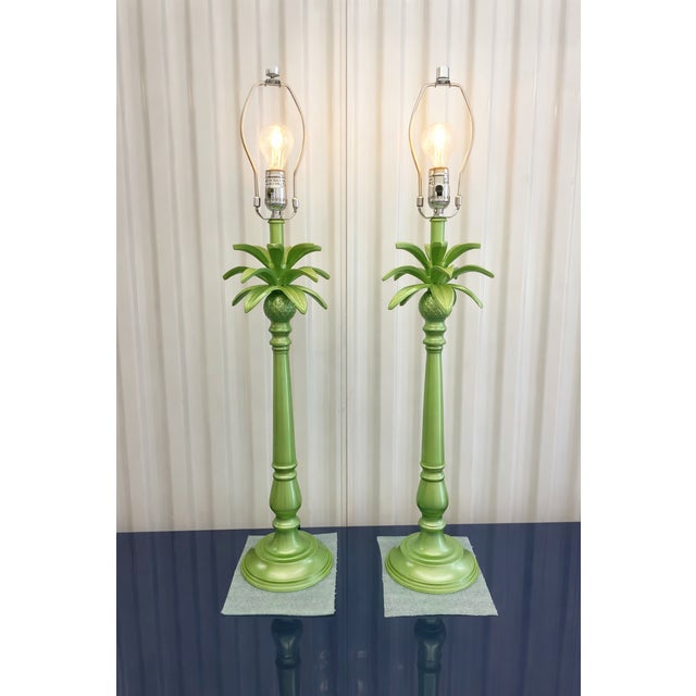 Metal Vintage Coastal Palm Tree Table Lamps in Metallic Green Lacquer – a Pair For Sale - Image 7 of 7
