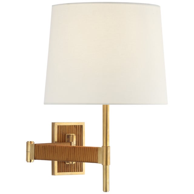 Wood Suzanne Kasler for Visual Comfort Signature Elle Swing Arm Sconce in Hand-Rubbed Antique Brass & Dark Rattan with Linen Shade For Sale - Image 7 of 7