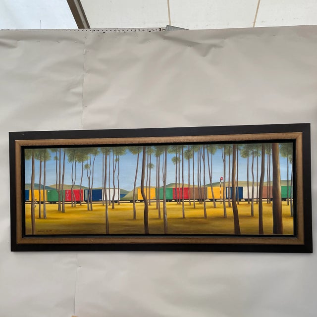 Modern Contemporary Train and Landscape Painting In the Style of Jeffrey Smart, Framed For Sale - Image 3 of 10