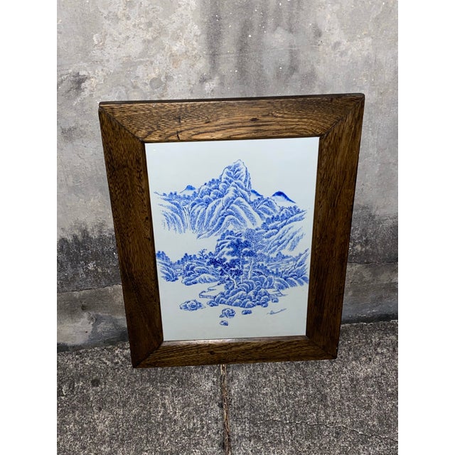 Chinese Antique Framed Chinese Blue and White Porcelain Tile For Sale - Image 3 of 9