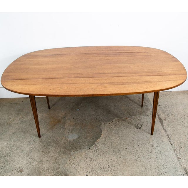 Broyhill Brasilia Mid Century Modern Dining Table Attributed to Broyhill Brasilia Walnut Drop Leaf X2 Oval MCM For Sale - Image 4 of 12