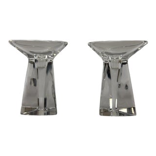 Vintage 1950s Signed Val Saint Lambert "Tricorne" Crystal Candlesticks - A Pair For Sale