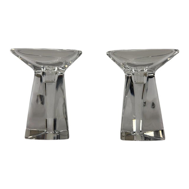 Vintage 1950s Signed Val Saint Lambert "Tricorne" Crystal Candlesticks - A Pair For Sale