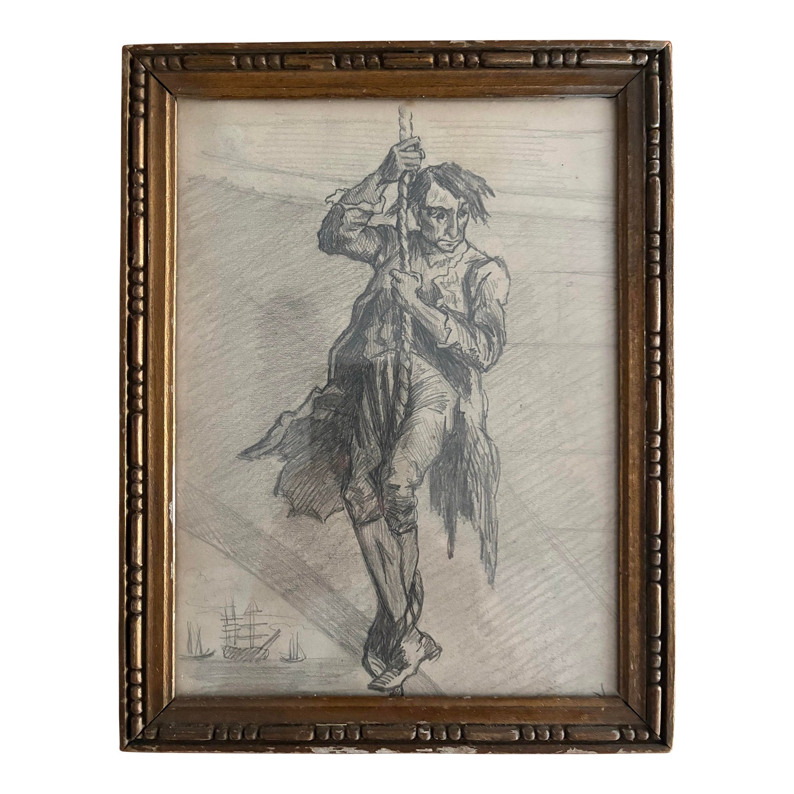 Vintage Graphite Figure Study of Nautical Subject – Wood Frame | Chairish