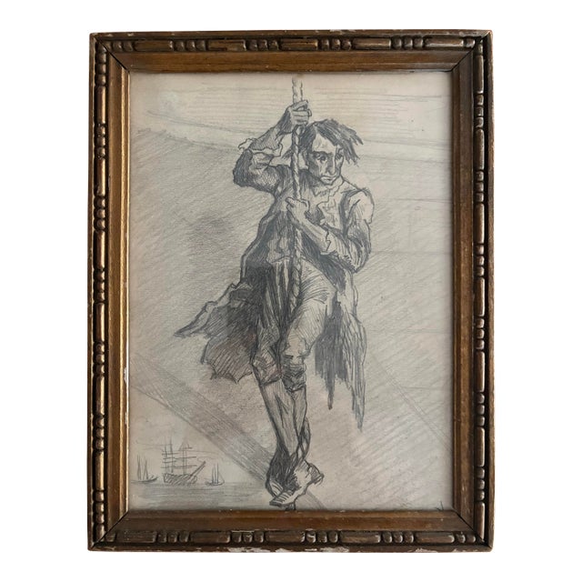 Vintage Graphite Figure Study of Nautical Subject – Wood Frame For Sale