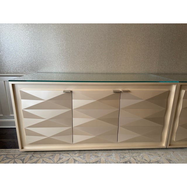 Contemporary Pair of Contemporary Champagne Lacquered Buffets With Faceted Doors and Tempered Glass Tops For Sale - Image 3 of 9
