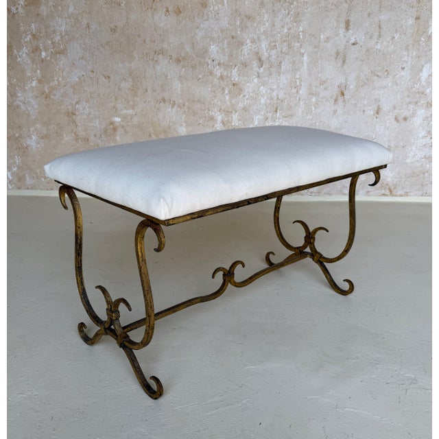 Vintage Mid Century Spanish Gilt Iron Bench With Ornate Base For Sale - Image 10 of 12