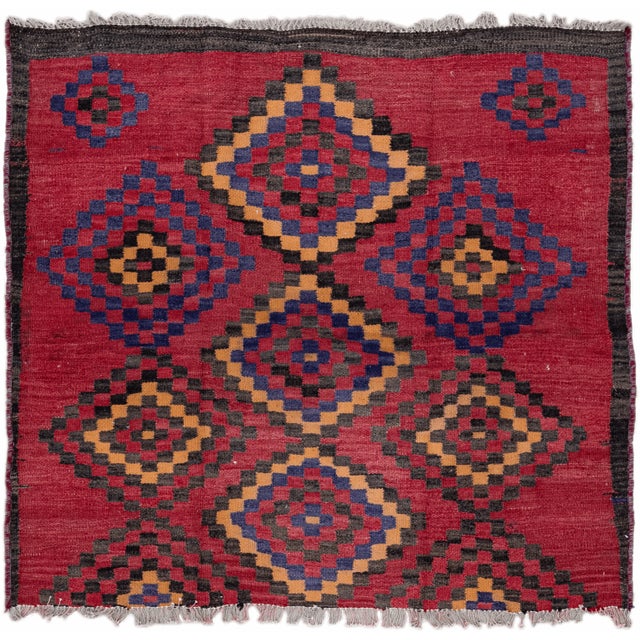 Vintage Kilim Handmade Flatweave Red Geometric Wool Runner 4' 3'' X 4' 7'' For Sale - Image 11 of 11