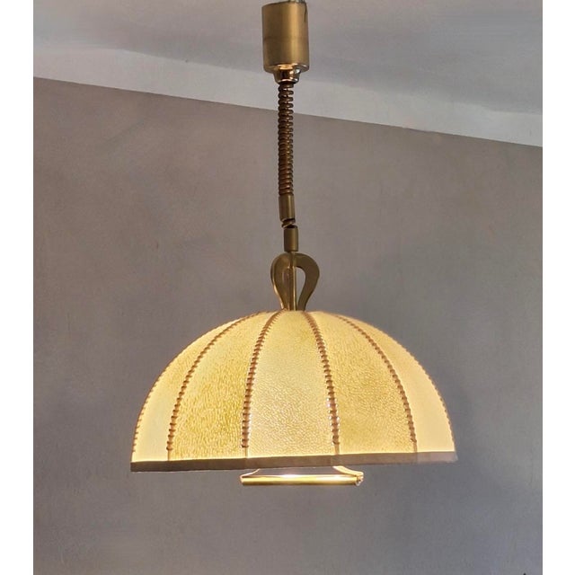 Large Leather, Vellum and Brass Cocoon Chandelier, Italy, 1950s For Sale - Image 5 of 9