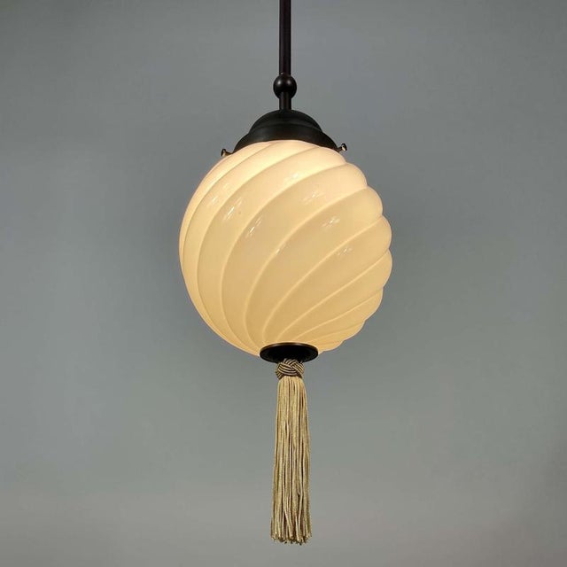 Metal Art Deco Opaline Glass and Burnished Brass Pendants, Germany 1930s, Set of 2 For Sale - Image 7 of 17