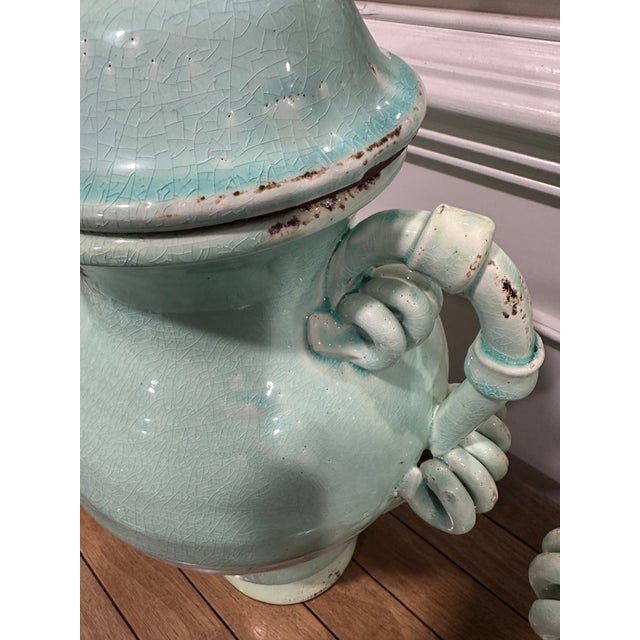 Contemporary Pair of Large Turquoise Glazed Terracotta Urns With Lids For Sale - Image 3 of 8