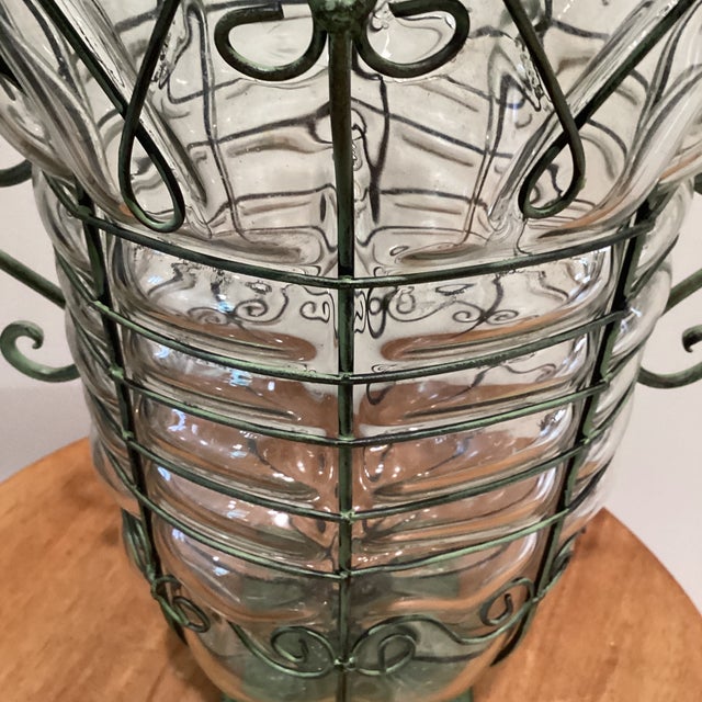 Metal Large Hand Blown Caged Glass Footed Vase Wrought Iron Frame Scroll Handles For Sale - Image 7 of 12