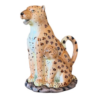 Vintage Hand-Painted Ceramic Leopard and Cub Figural Pitcher For Sale