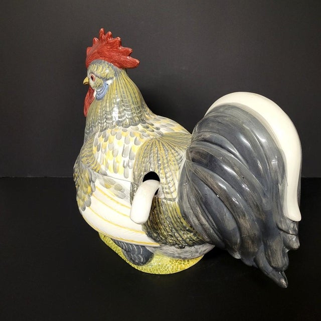 1970s Italian Majolica Hand-Painted Rooster Soup Tureen With Ladle – Large 18" For Sale - Image 4 of 12