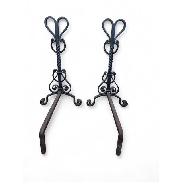 Arts & Crafts Antique Arts & Crafts Wrought Iron Pair Andirons Hart Top, Scrollwork & Spiral Accents, Twisted Lope Handles For Sale - Image 3 of 13