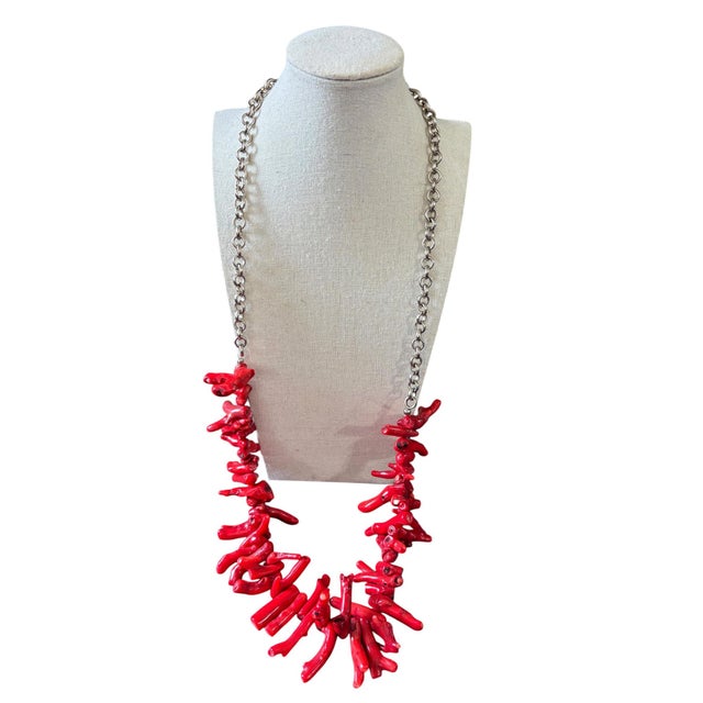 Asian Vintage Natural Red Coral Branch Necklace W/Silver Chain For Sale - Image 3 of 12